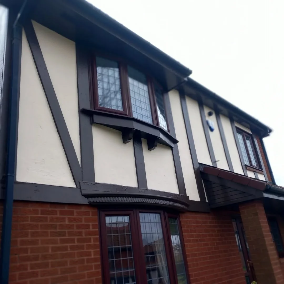 Mock Tudor house facade after exterior painting by Durham Painters