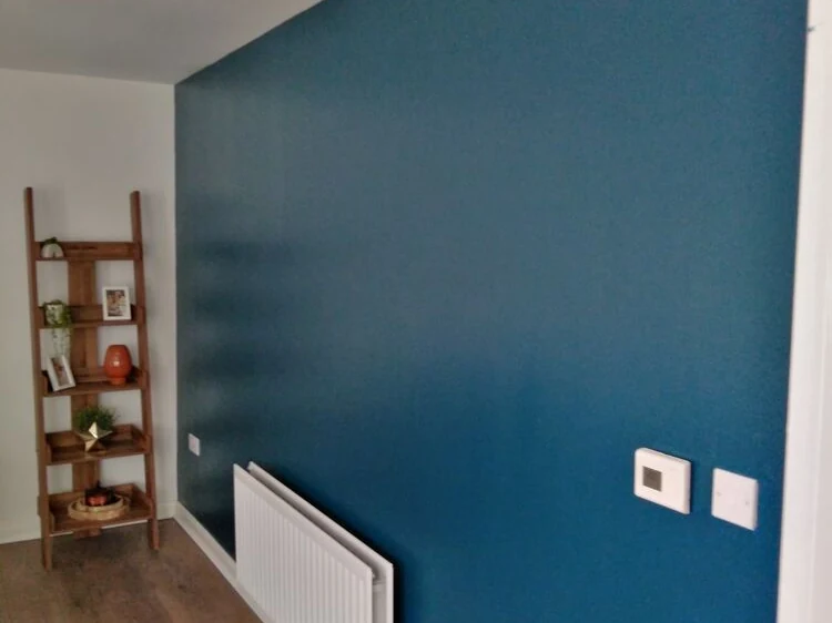 Teal living-room feature wall painted by Durham Painters