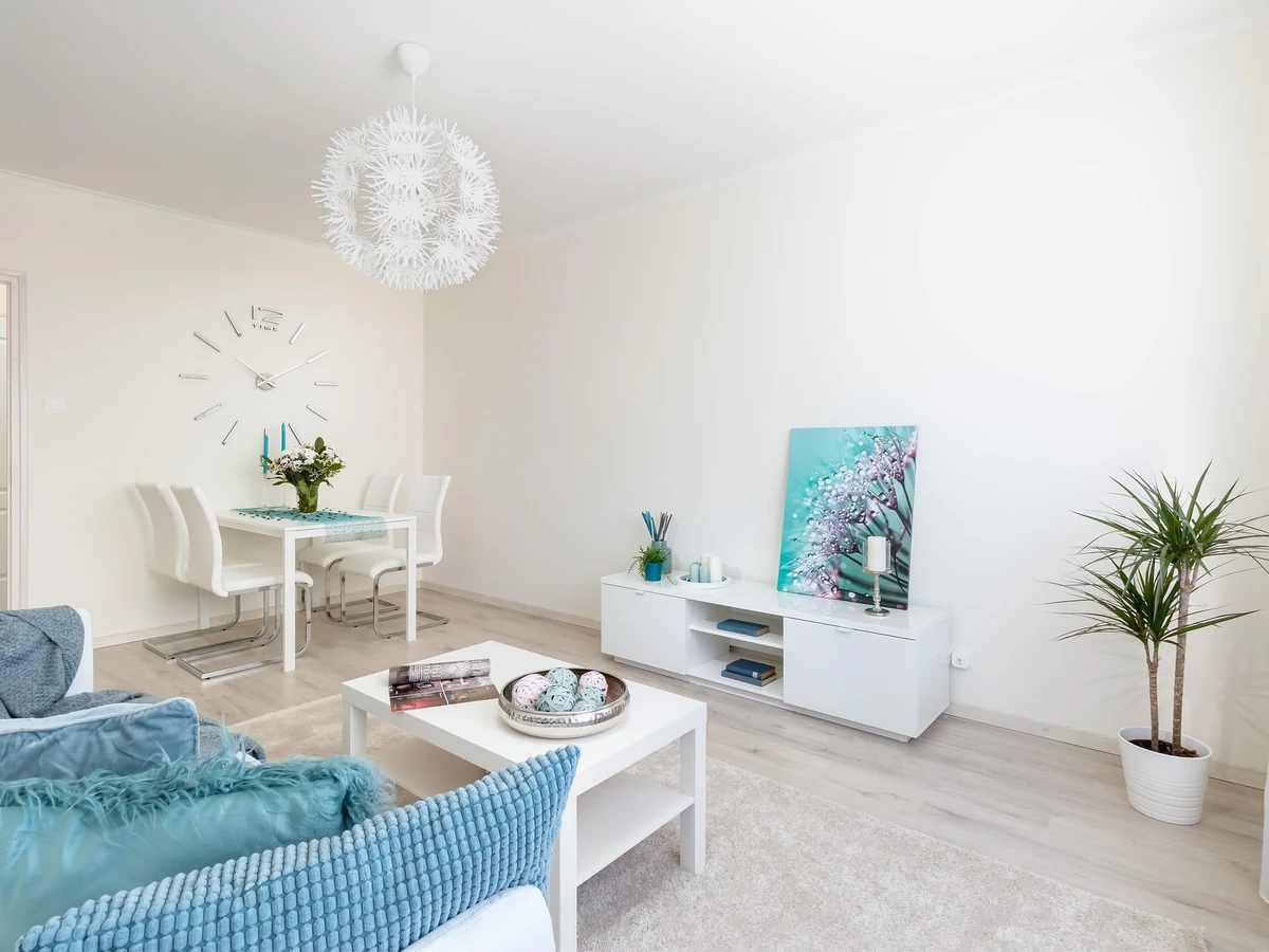 Airy white living room painting for a new Langley Park home by Durham Painters